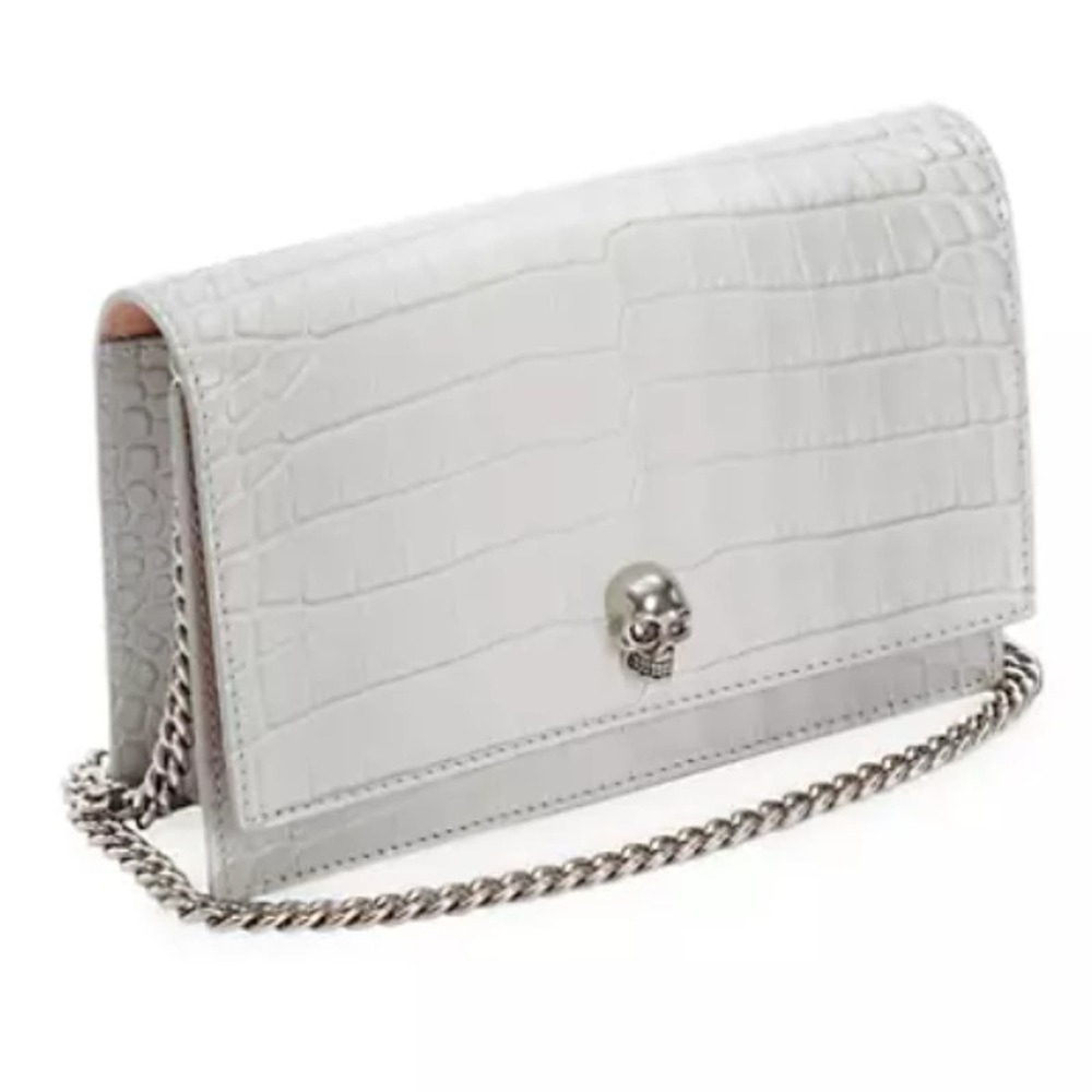 Alexander McQueen Skull Croc-Embossed Leather Chain Crossbody Light Gray - Picture 2 of 12